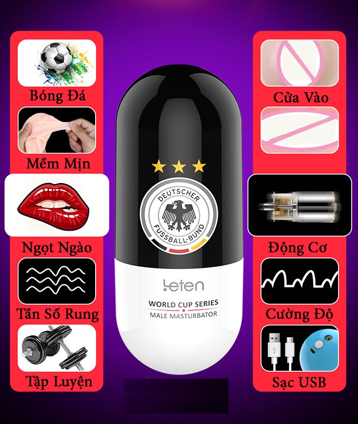 Cốc thủ dâm Leten Football rung sạc điện silicon y tế an toàn